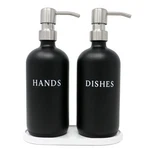 Black Glass Hand Dish Soap Dispenser Set With Bamboo Tray 16 Oz Kitc. Fixed Price $55.16.