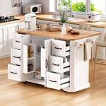 56" Kitchen Island With Rubber Wood Drop Leaf, Rolling Cart W/drawers. Fixed Price $405.00.