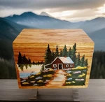 Vtg Handmade Hinged Solid Oak Wood Recipe Card File Box Painted Mountain Signed. Fixed Price $99.95.