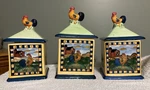 Set Of 3 Vintage French Country Rooster Design Ceramic Canisters With Lids. Fixed Price $45.00.