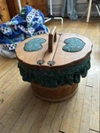 Neat Vintage Wooden Apple Basket Sewing Box Double Hinged Lid With Hearts Green. Fixed Price $30.00.
