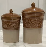 Gibson Villa Adriana Tan Canister Set 2 Small Medium Lidded Stoneware. Fixed Price $49.99.