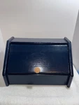 Vintage Large Dark Blue Bread Box With Knob Handle Sloped Lid Kitchen Organizer. Fixed Price $90.00.