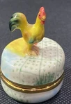 Porcelain And Gold Trinket Pill Ring Box Sunrise Rooster & Baby Chick 1.5 Inch. Fixed Price $12.00.
