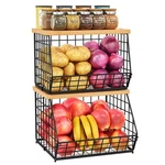 2PCS Stackable Wire Basket Organizer With Wood Top Kitchen Storage Fruit Bread. Fixed Price $46.82.