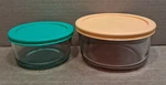 Vintage Anchor Hocking Teal & Clear Glass Food Storage Bowls With Lids Set. Fixed Price $16.00.