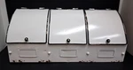 Vtg 3 Compartment White Metal Kitchen Storage Bin Unit W/hinged Lids 18X6X7.5". Fixed Price $63.00.