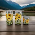 Vintage Grant Howard Hand Painted Sunflower Glass Storage Jars W/ Lid 3PC. Set. Fixed Price $64.95.