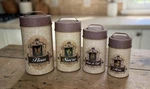 Set Ohio Wholesale Tin Food Safe French English Canisters Flour Sugar Coffee Tea. Fixed Price $28.00.