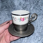 Sebring Porcellana Floral Porcelain Cup With Pewter Holder & Saucer Set. Fixed Price $40.00.