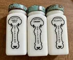 Vtg Grifith Jars Milk Glass Black Border Cinnamon Allspice Garlic Salt. Fixed Price $19.00.