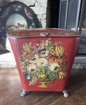 Fabulous Antique French Hand Painted Red Tole Floral Coal Scuttle Fireplace. Fixed Price $795.00.