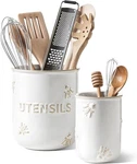 Le Tauci Ceramic Utensil Holder Set Of 2, Large & Small Kitchen Counter Crock Wh. Fixed Price $29.99.