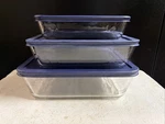 Pyrex Glass Baking Casserole Storage 7212, 7211, 7210 W/blue Lids Set Of 3. Fixed Price $49.95.