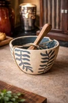 Mud Pie Stoneware Dip Bowl Set W/ Wooden Spreader Blue Leaf Pattern. Fixed Price $30.24.