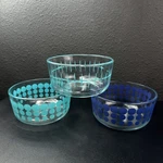 3 Pyrex Clear Glass Bowls Atomic Polka Dot Blue 6 7201A Made In Usa Set. Fixed Price $52.79.
