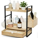 Kottwca 2-TIER Bathroom Counter Organizer With Drawer, Basket & Hooks, Wooden.... Fixed Price $41.76.