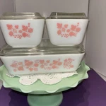 Vintage Pink Gooseberry Pyrex Refrigerator Dish Set With Lids 501 (2), 502, 503. Fixed Price $360.00.