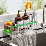 Extra Large Silver Kitchen Sink Caddy Organzier With High Brush Holder, Sponge. Fixed Price $65.77.