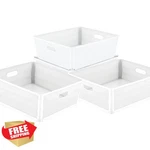 Simplify Shallow Stackable Tote Basket White 4 Pk. Fixed Price $44.99.