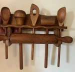 Vtg Wooden Kitchen 7 Pc Set Rack Mallet Spoons Fork Masher Rolling Pin Himark. Fixed Price $29.00.