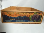Vtg Wood Box Blue Mountain Prunes Painted Porcelain Knob Farm House Decor 11X11". Fixed Price $18.98.