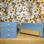Vintage Interdesign Blue Plastic 3 Drawer Storage & Magnetic Cork Organizer Set. Fixed Price $45.00.
