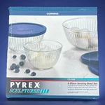 Pyrex Sculptured 6 Pc Serving Bowl Set Clear Glass Blue Lids New. Fixed Price $27.49.