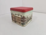 Vintage Tin Box, Winter Alpine Village Scene, Red Lid, 4-3/8" Square 3.5" Tall. Fixed Price $6.50.