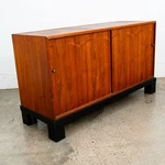 Mid Century Modern Credenza Cabinet Walnut Sliding Doors Storage Black Base Mcm. Fixed Price $1249.98.