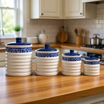 Vintage Himark 4 Piece Blue And White Mosaic Ceramic Ribbed Kitchen Canister Set. Fixed Price $89.99.