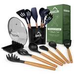 Wood And Silicone Kitchen Utensils Set With Holder, Lid Rest, Nat.... Fixed Price $27.04.