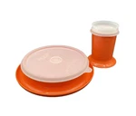 Tupperware Orange Flower Child's Dish And Cup With Lids 1318-5 & 1317-6. Fixed Price $19.00.