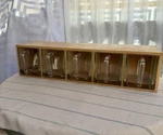Vintage Ikea Forhoja Wood Shelf Cabinet 5 Glass Handled Scoops Storage Bins. Fixed Price $350.00.