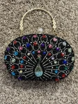Black Beaded Rhinestone Peacock Clutch Gold Chain Detachable Strap Top Handle. Fixed Price $26.95.