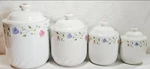 Vtg Jay Import 4 Elegance Ceramic Canister Set Floral Border & Swirl Ribbed Base. Fixed Price $71.99.