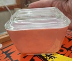 Pyrex Pink Solid Glass Rectangle Storage Container With Clear. Fixed Price $26.00.