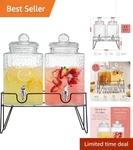 Elegant Set Of 2 Glass Drink Dispensers With Metal Stand 1.5 Gal. Fixed Price $132.99.